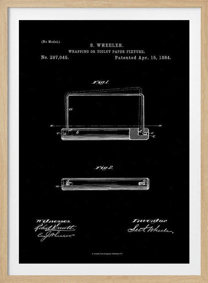A framed, black and white print of the 1884 patent for S. Wheeler's Wrapping or Toilet Paper Fixture. The design shows technical diagrams, the patent number 297,045, and signatures against a black background. Decor