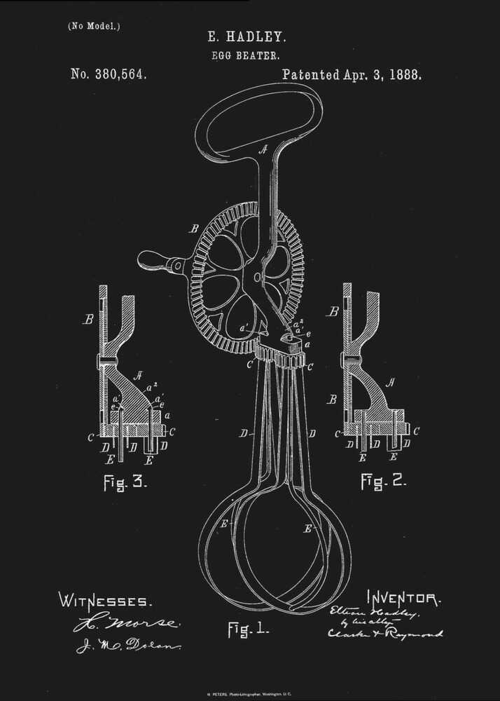 A framed vintage patent illustration for an egg beater, dated April 3, 1888. The design, by E. Hadley, is shown in white line art on a black background, detailing the mechanical parts including the handle, crank, gears, and whisks. Artwork
