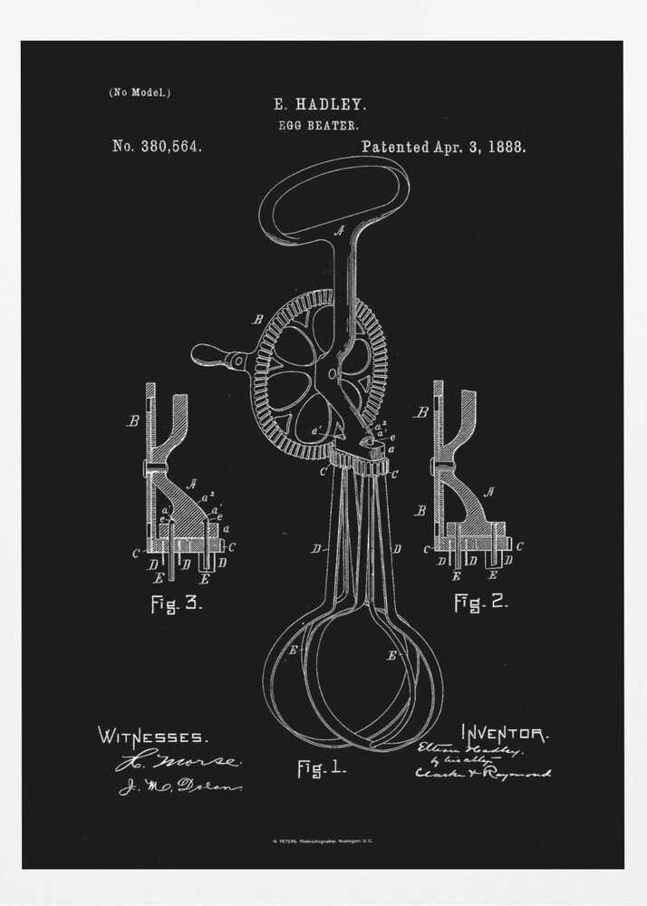 A framed vintage patent illustration for an egg beater, dated April 3, 1888. The design, by E. Hadley, is shown in white line art on a black background, detailing the mechanical parts including the handle, crank, gears, and whisks. Artwork