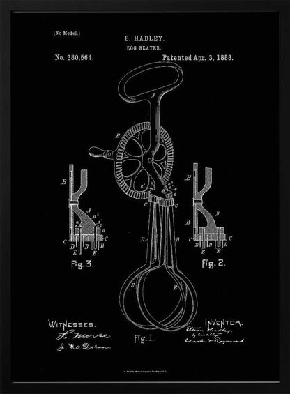 A framed vintage patent illustration for an egg beater, dated April 3, 1888. The design, by E. Hadley, is shown in white line art on a black background, detailing the mechanical parts including the handle, crank, gears, and whisks. Artwork