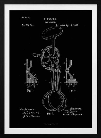 A framed vintage patent illustration for an egg beater, dated April 3, 1888. The design, by E. Hadley, is shown in white line art on a black background, detailing the mechanical parts including the handle, crank, gears, and whisks. Artwork