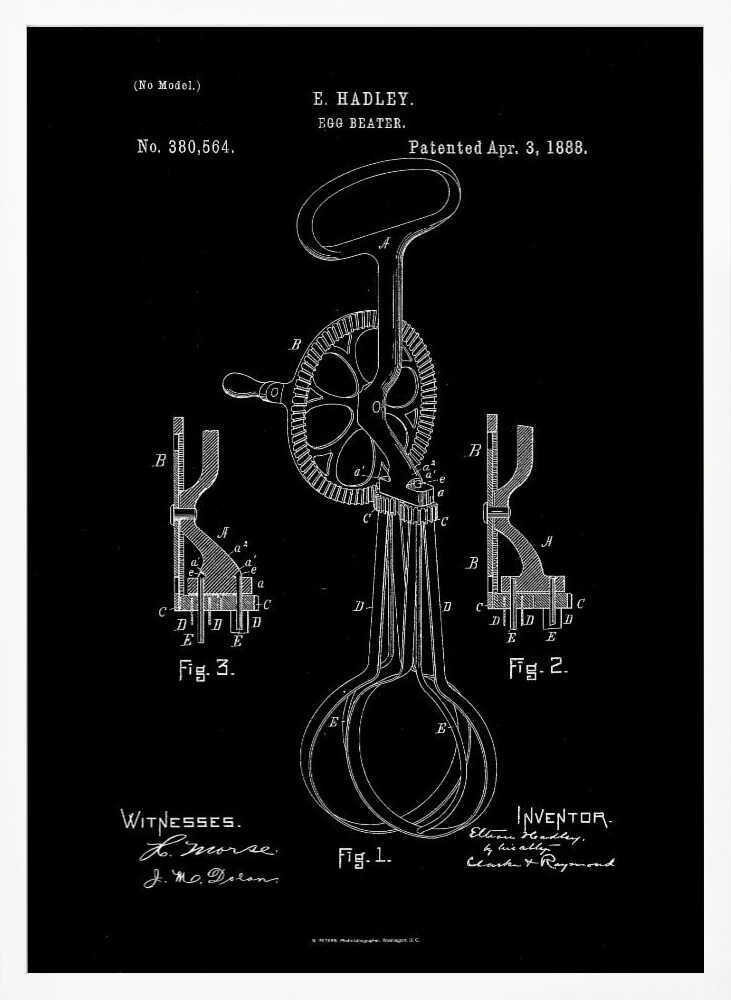 A framed vintage patent illustration for an egg beater, dated April 3, 1888. The design, by E. Hadley, is shown in white line art on a black background, detailing the mechanical parts including the handle, crank, gears, and whisks. Artwork