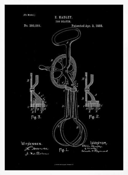 A framed vintage patent illustration for an egg beater, dated April 3, 1888. The design, by E. Hadley, is shown in white line art on a black background, detailing the mechanical parts including the handle, crank, gears, and whisks. Artwork