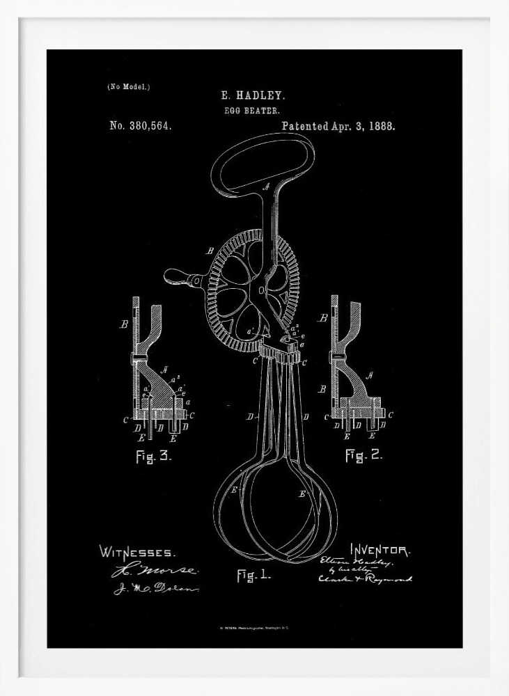 A framed vintage patent illustration for an egg beater, dated April 3, 1888. The design, by E. Hadley, is shown in white line art on a black background, detailing the mechanical parts including the handle, crank, gears, and whisks. Artwork
