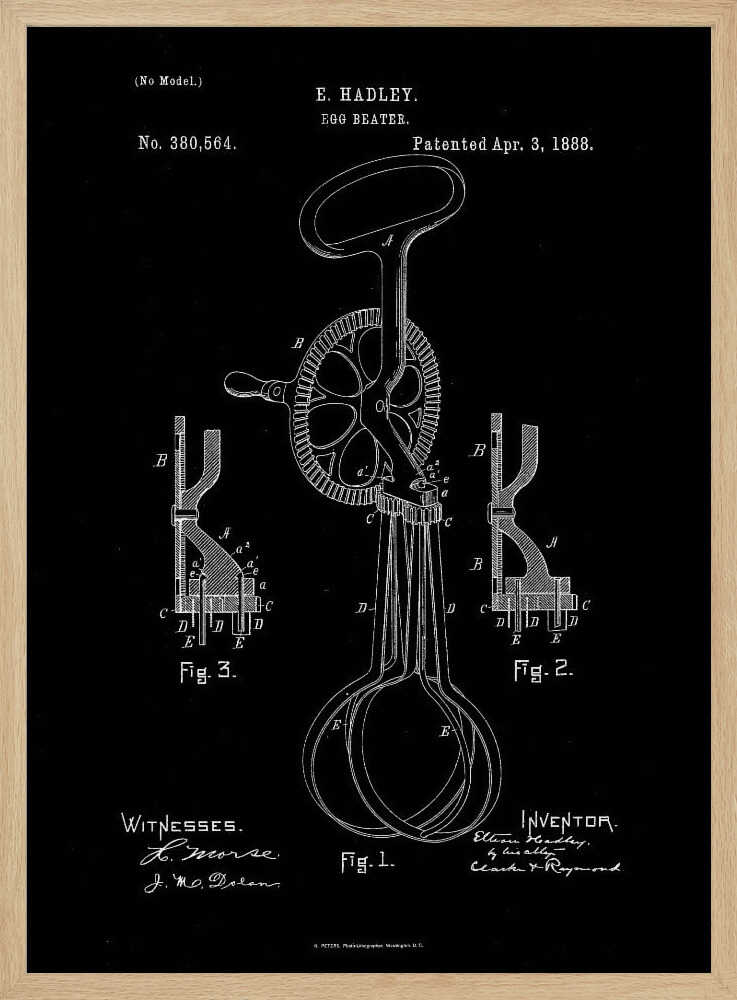 A framed vintage patent illustration for an egg beater, dated April 3, 1888. The design, by E. Hadley, is shown in white line art on a black background, detailing the mechanical parts including the handle, crank, gears, and whisks. Artwork