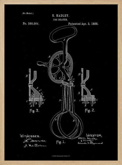 A framed vintage patent illustration for an egg beater, dated April 3, 1888. The design, by E. Hadley, is shown in white line art on a black background, detailing the mechanical parts including the handle, crank, gears, and whisks. Artwork
