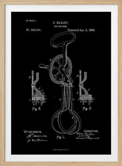 A framed vintage patent illustration for an egg beater, dated April 3, 1888. The design, by E. Hadley, is shown in white line art on a black background, detailing the mechanical parts including the handle, crank, gears, and whisks. Artwork