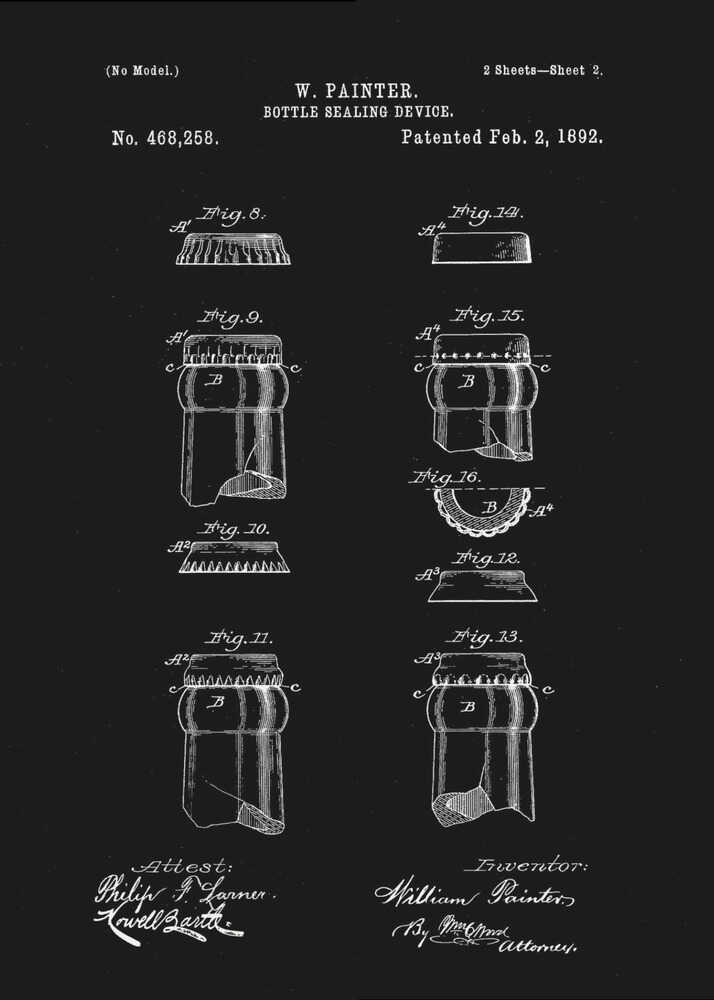 A framed black and white patent illustration for W. Painter's 'Bottle Sealing Device,' patented February 2, 1892. The technical drawing shows various figures of the bottle cap and bottle neck design, with text and signatures on a black background. Poster