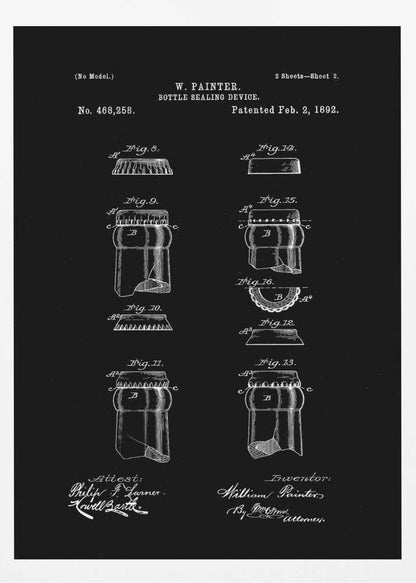 A framed black and white patent illustration for W. Painter's 'Bottle Sealing Device,' patented February 2, 1892. The technical drawing shows various figures of the bottle cap and bottle neck design, with text and signatures on a black background. Poster