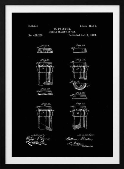A framed black and white patent illustration for W. Painter's 'Bottle Sealing Device,' patented February 2, 1892. The technical drawing shows various figures of the bottle cap and bottle neck design, with text and signatures on a black background. Poster