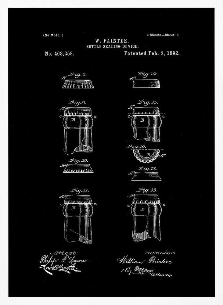 A framed black and white patent illustration for W. Painter's 'Bottle Sealing Device,' patented February 2, 1892. The technical drawing shows various figures of the bottle cap and bottle neck design, with text and signatures on a black background. Poster