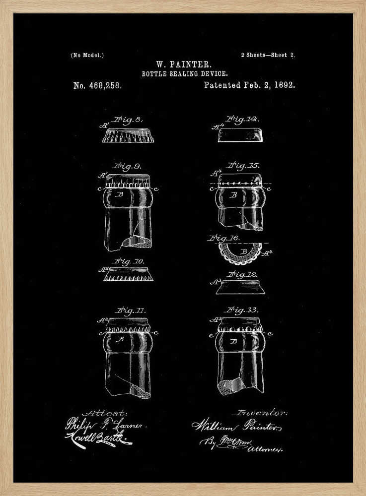 A framed black and white patent illustration for W. Painter's 'Bottle Sealing Device,' patented February 2, 1892. The technical drawing shows various figures of the bottle cap and bottle neck design, with text and signatures on a black background. Poster