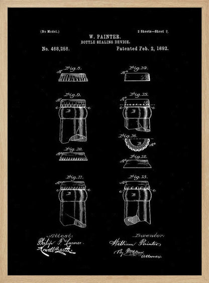 A framed black and white patent illustration for W. Painter's 'Bottle Sealing Device,' patented February 2, 1892. The technical drawing shows various figures of the bottle cap and bottle neck design, with text and signatures on a black background. Poster