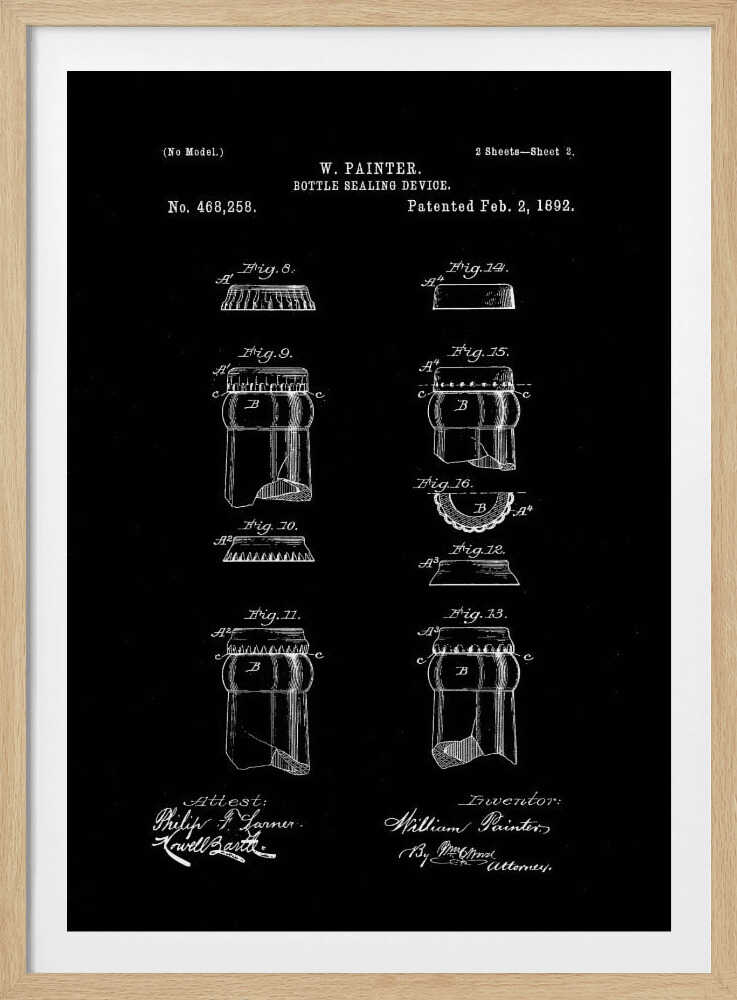 A framed black and white patent illustration for W. Painter's 'Bottle Sealing Device,' patented February 2, 1892. The technical drawing shows various figures of the bottle cap and bottle neck design, with text and signatures on a black background. Poster
