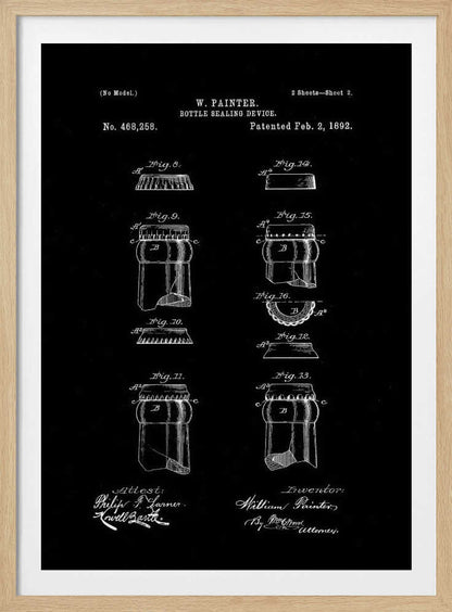 A framed black and white patent illustration for W. Painter's 'Bottle Sealing Device,' patented February 2, 1892. The technical drawing shows various figures of the bottle cap and bottle neck design, with text and signatures on a black background. Poster