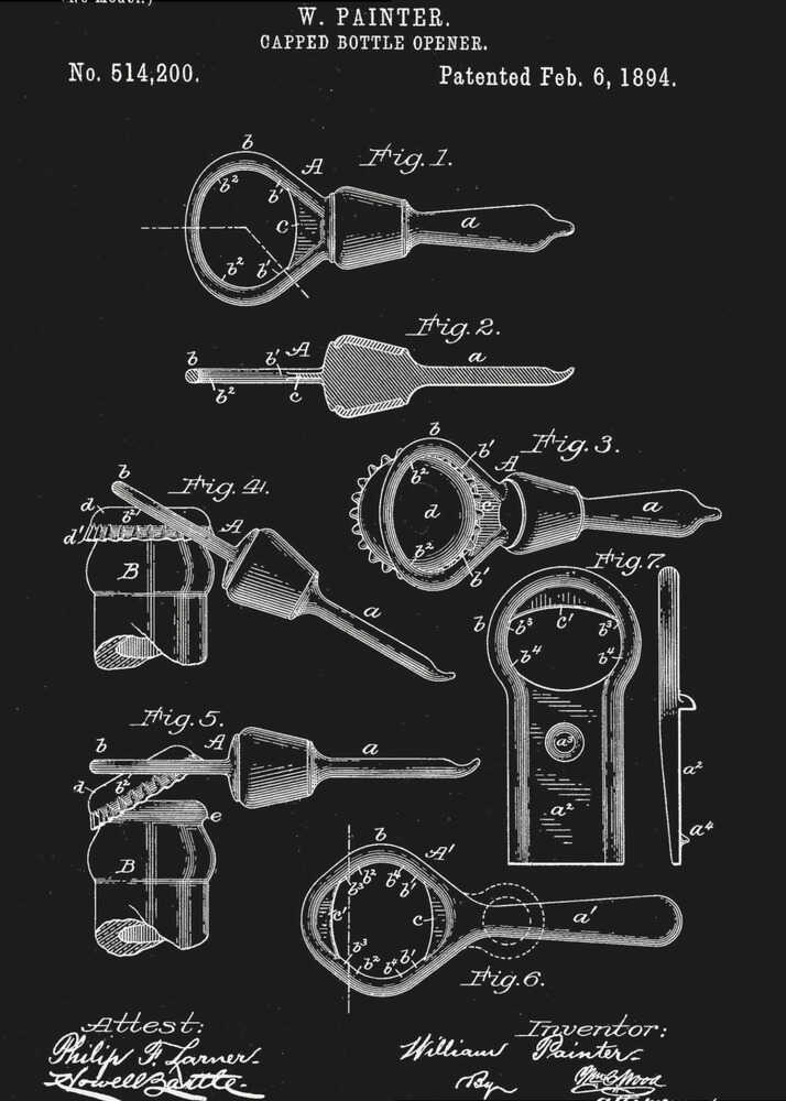 A framed patent illustration for a Capped Bottle Opener invented by W. Painter, patented February 6, 1894. The artwork is a black and white technical drawing showing multiple figures of the bottle opener and its use. Poster