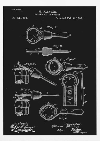 A framed patent illustration for a Capped Bottle Opener invented by W. Painter, patented February 6, 1894. The artwork is a black and white technical drawing showing multiple figures of the bottle opener and its use. Poster
