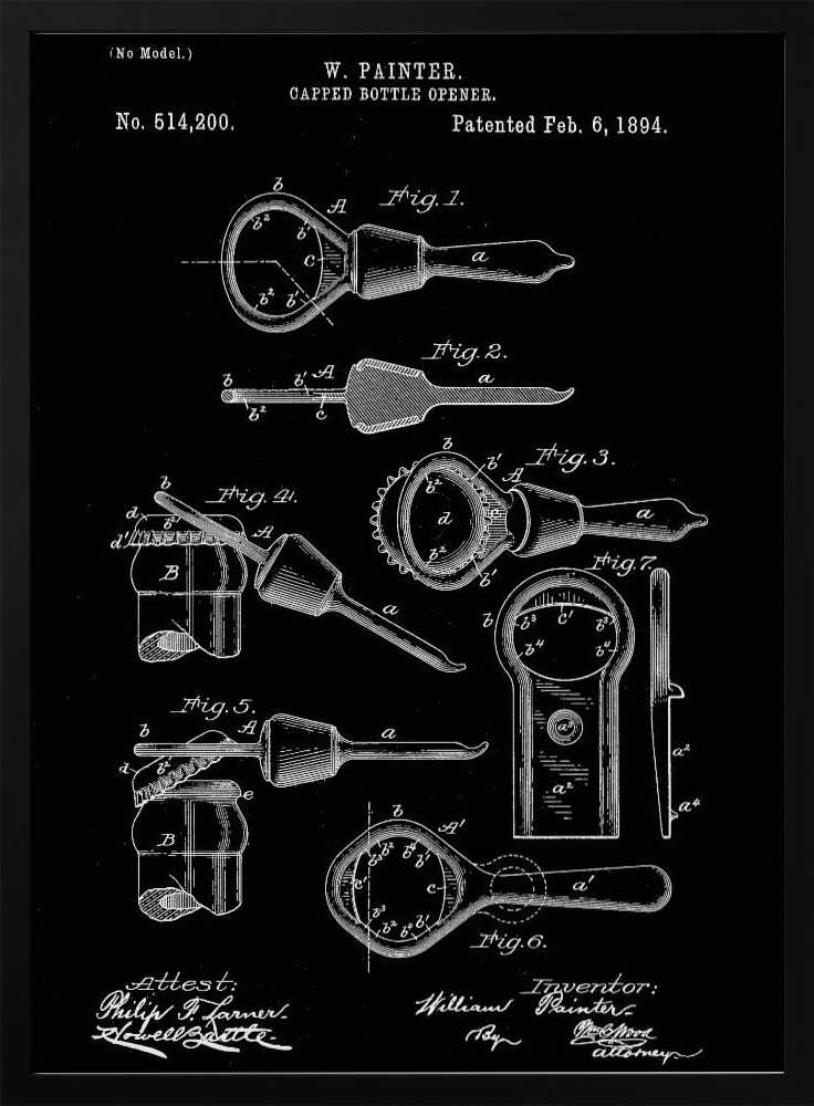 A framed patent illustration for a Capped Bottle Opener invented by W. Painter, patented February 6, 1894. The artwork is a black and white technical drawing showing multiple figures of the bottle opener and its use. Poster