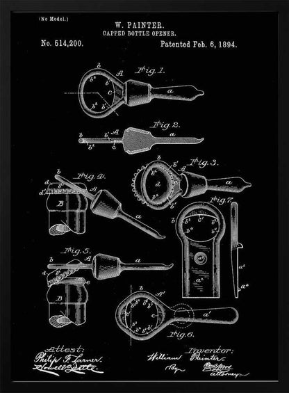 A framed patent illustration for a Capped Bottle Opener invented by W. Painter, patented February 6, 1894. The artwork is a black and white technical drawing showing multiple figures of the bottle opener and its use. Poster