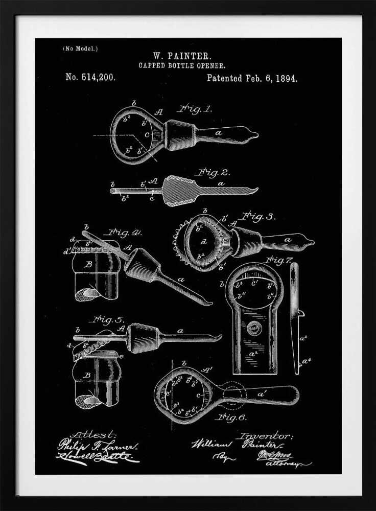 A framed patent illustration for a Capped Bottle Opener invented by W. Painter, patented February 6, 1894. The artwork is a black and white technical drawing showing multiple figures of the bottle opener and its use. Poster