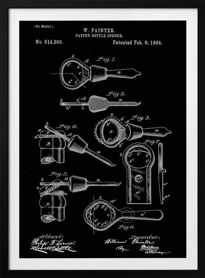 A framed patent illustration for a Capped Bottle Opener invented by W. Painter, patented February 6, 1894. The artwork is a black and white technical drawing showing multiple figures of the bottle opener and its use. Poster