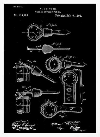 A framed patent illustration for a Capped Bottle Opener invented by W. Painter, patented February 6, 1894. The artwork is a black and white technical drawing showing multiple figures of the bottle opener and its use. Poster