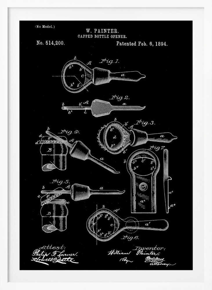 A framed patent illustration for a Capped Bottle Opener invented by W. Painter, patented February 6, 1894. The artwork is a black and white technical drawing showing multiple figures of the bottle opener and its use. Poster