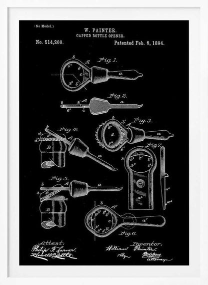 A framed patent illustration for a Capped Bottle Opener invented by W. Painter, patented February 6, 1894. The artwork is a black and white technical drawing showing multiple figures of the bottle opener and its use. Poster