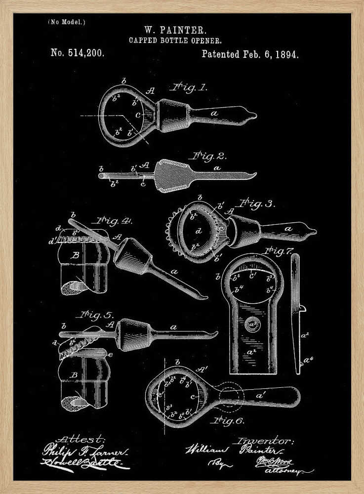 A framed patent illustration for a Capped Bottle Opener invented by W. Painter, patented February 6, 1894. The artwork is a black and white technical drawing showing multiple figures of the bottle opener and its use. Poster