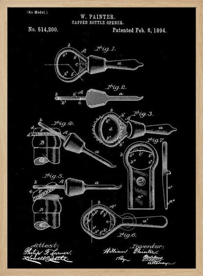 A framed patent illustration for a Capped Bottle Opener invented by W. Painter, patented February 6, 1894. The artwork is a black and white technical drawing showing multiple figures of the bottle opener and its use. Poster