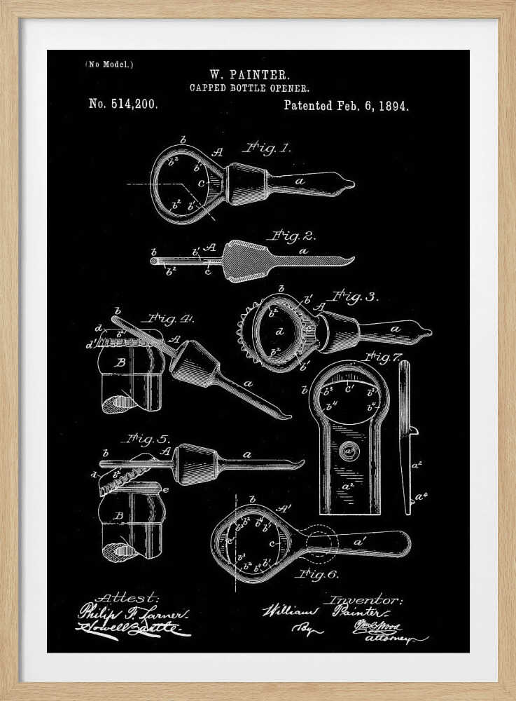 A framed patent illustration for a Capped Bottle Opener invented by W. Painter, patented February 6, 1894. The artwork is a black and white technical drawing showing multiple figures of the bottle opener and its use. Poster