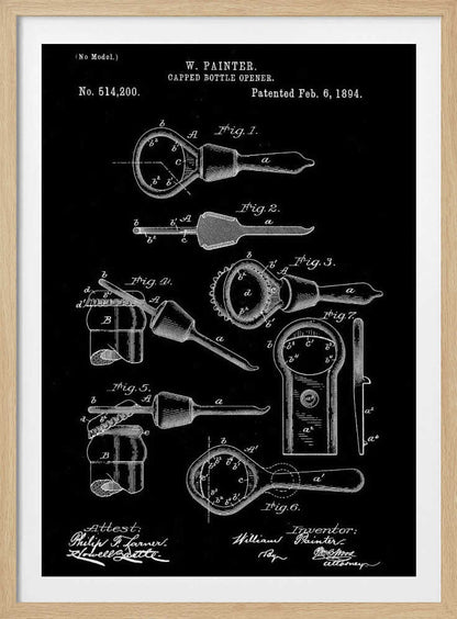 A framed patent illustration for a Capped Bottle Opener invented by W. Painter, patented February 6, 1894. The artwork is a black and white technical drawing showing multiple figures of the bottle opener and its use. Poster