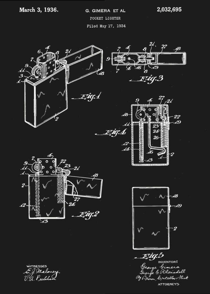 A framed black and white patent illustration for a pocket lighter, dated March 3, 1936. The technical blueprint shows various figures and cross-sections of the lighter's design and mechanics against a black background. Artwork