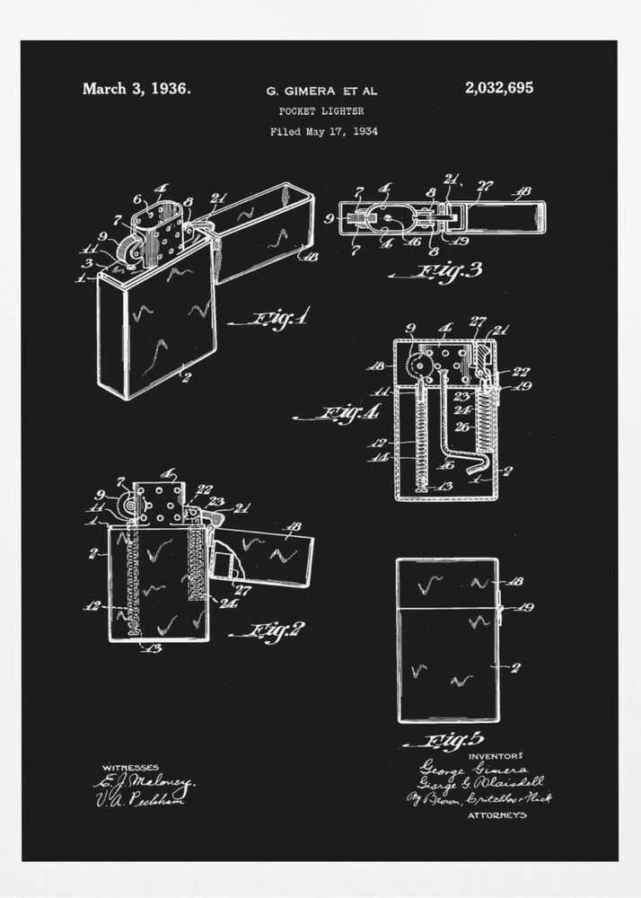 A framed black and white patent illustration for a pocket lighter, dated March 3, 1936. The technical blueprint shows various figures and cross-sections of the lighter's design and mechanics against a black background. Artwork