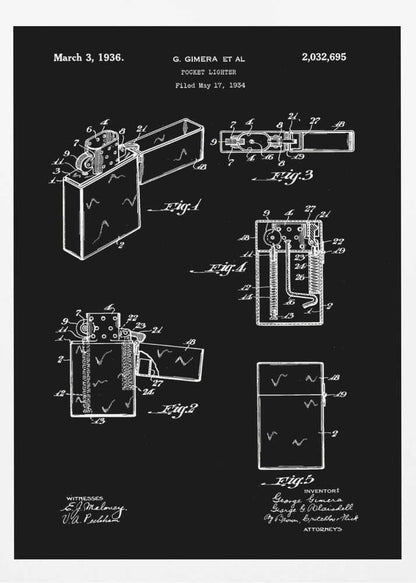 A framed black and white patent illustration for a pocket lighter, dated March 3, 1936. The technical blueprint shows various figures and cross-sections of the lighter's design and mechanics against a black background. Artwork