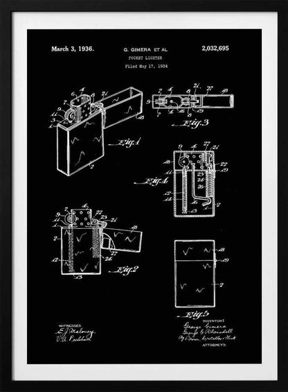 A framed black and white patent illustration for a pocket lighter, dated March 3, 1936. The technical blueprint shows various figures and cross-sections of the lighter's design and mechanics against a black background. Artwork