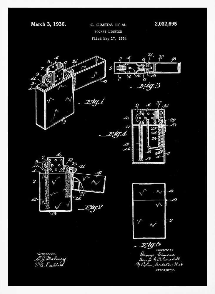 A framed black and white patent illustration for a pocket lighter, dated March 3, 1936. The technical blueprint shows various figures and cross-sections of the lighter's design and mechanics against a black background. Artwork