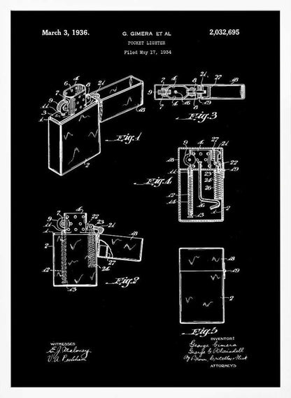 A framed black and white patent illustration for a pocket lighter, dated March 3, 1936. The technical blueprint shows various figures and cross-sections of the lighter's design and mechanics against a black background. Artwork