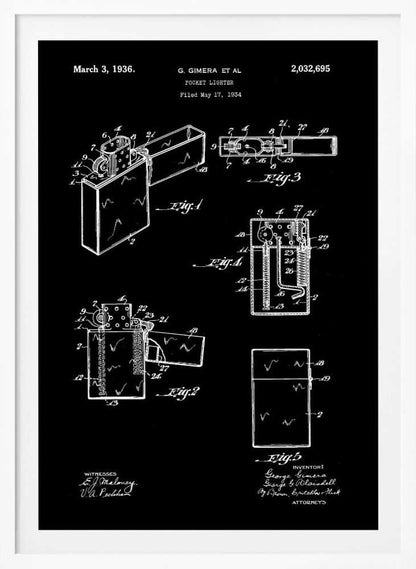 A framed black and white patent illustration for a pocket lighter, dated March 3, 1936. The technical blueprint shows various figures and cross-sections of the lighter's design and mechanics against a black background. Artwork