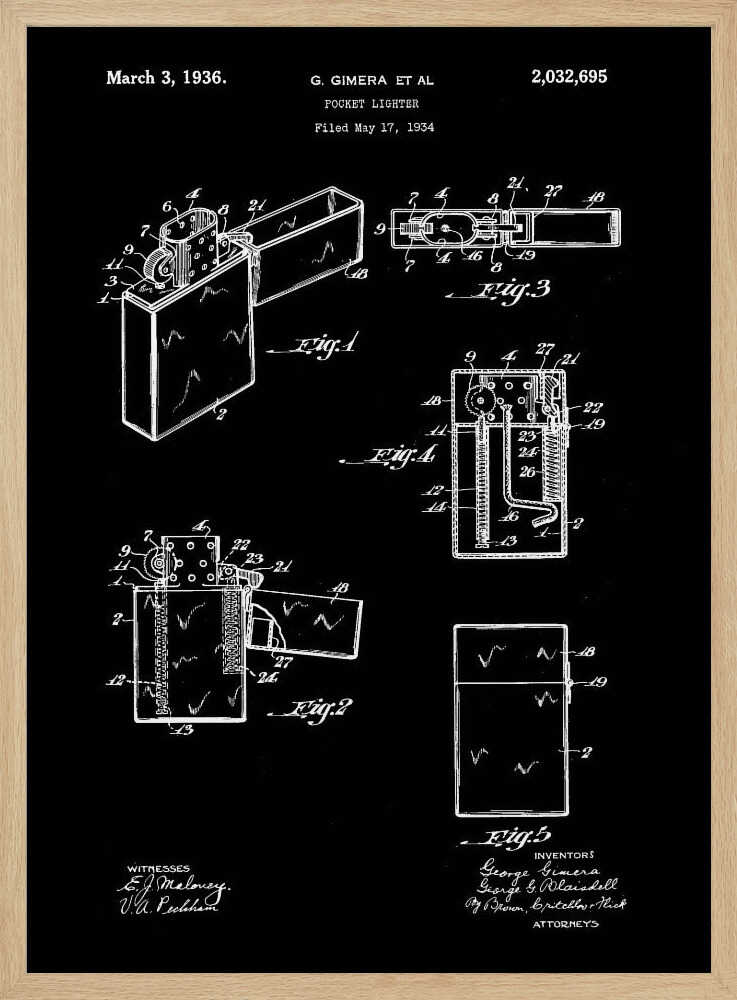 A framed black and white patent illustration for a pocket lighter, dated March 3, 1936. The technical blueprint shows various figures and cross-sections of the lighter's design and mechanics against a black background. Artwork