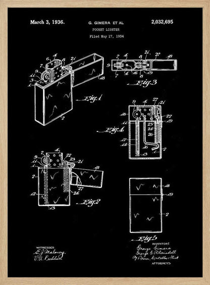 A framed black and white patent illustration for a pocket lighter, dated March 3, 1936. The technical blueprint shows various figures and cross-sections of the lighter's design and mechanics against a black background. Artwork