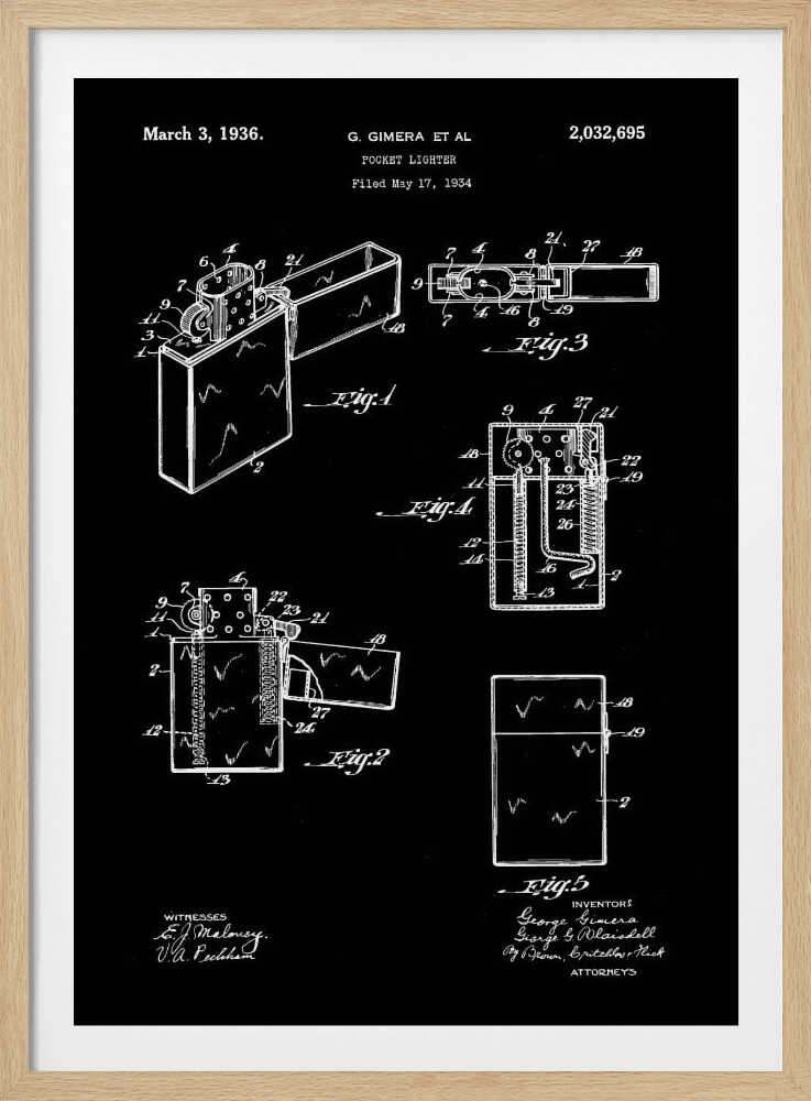 A framed black and white patent illustration for a pocket lighter, dated March 3, 1936. The technical blueprint shows various figures and cross-sections of the lighter's design and mechanics against a black background. Artwork