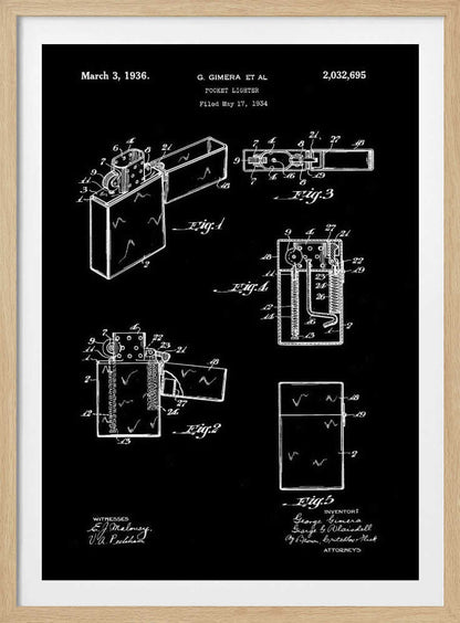 A framed black and white patent illustration for a pocket lighter, dated March 3, 1936. The technical blueprint shows various figures and cross-sections of the lighter's design and mechanics against a black background. Artwork
