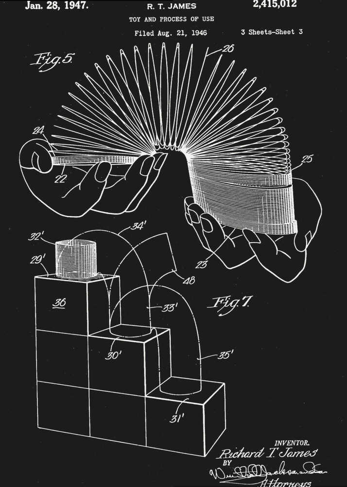 A framed black and white patent illustration for the Slinky toy, invented by R. T. James, dated January 28, 1947. The technical drawing shows hands holding the stretched coil and a diagram of the toy walking down stairs. Decor