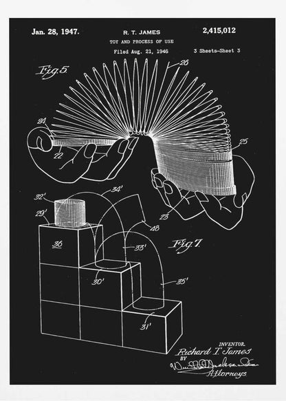 A framed black and white patent illustration for the Slinky toy, invented by R. T. James, dated January 28, 1947. The technical drawing shows hands holding the stretched coil and a diagram of the toy walking down stairs. Decor