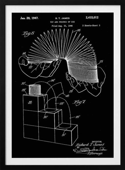 A framed black and white patent illustration for the Slinky toy, invented by R. T. James, dated January 28, 1947. The technical drawing shows hands holding the stretched coil and a diagram of the toy walking down stairs. Decor