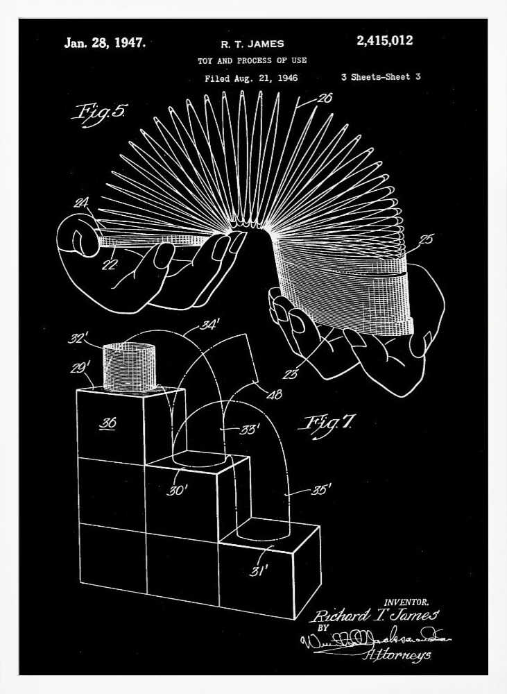 A framed black and white patent illustration for the Slinky toy, invented by R. T. James, dated January 28, 1947. The technical drawing shows hands holding the stretched coil and a diagram of the toy walking down stairs. Decor