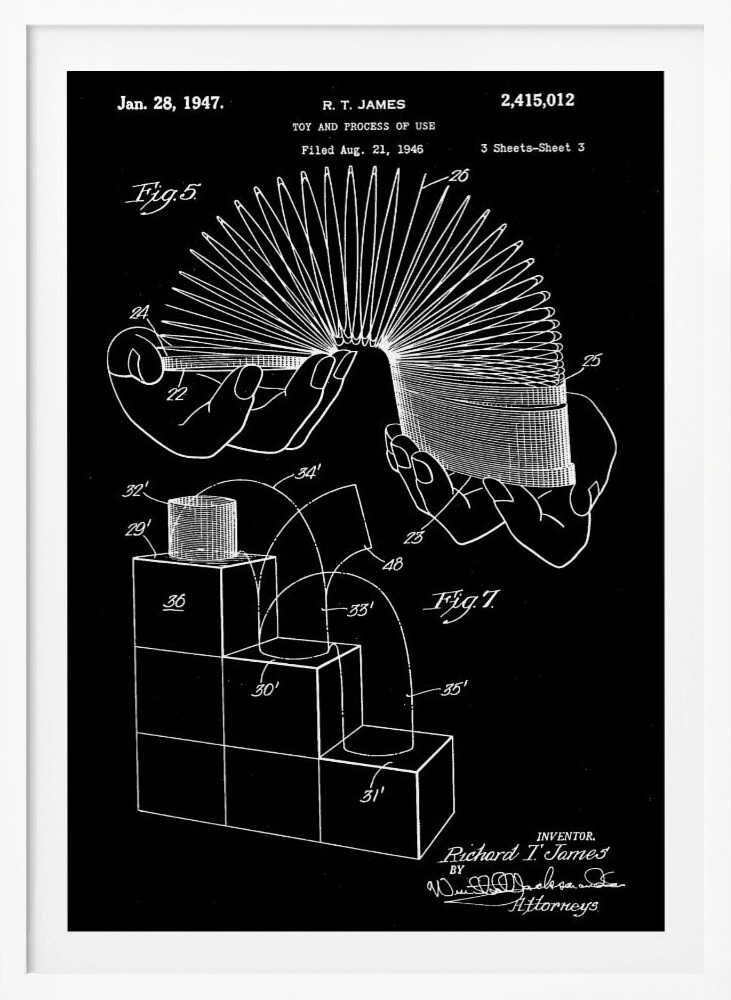 A framed black and white patent illustration for the Slinky toy, invented by R. T. James, dated January 28, 1947. The technical drawing shows hands holding the stretched coil and a diagram of the toy walking down stairs. Decor