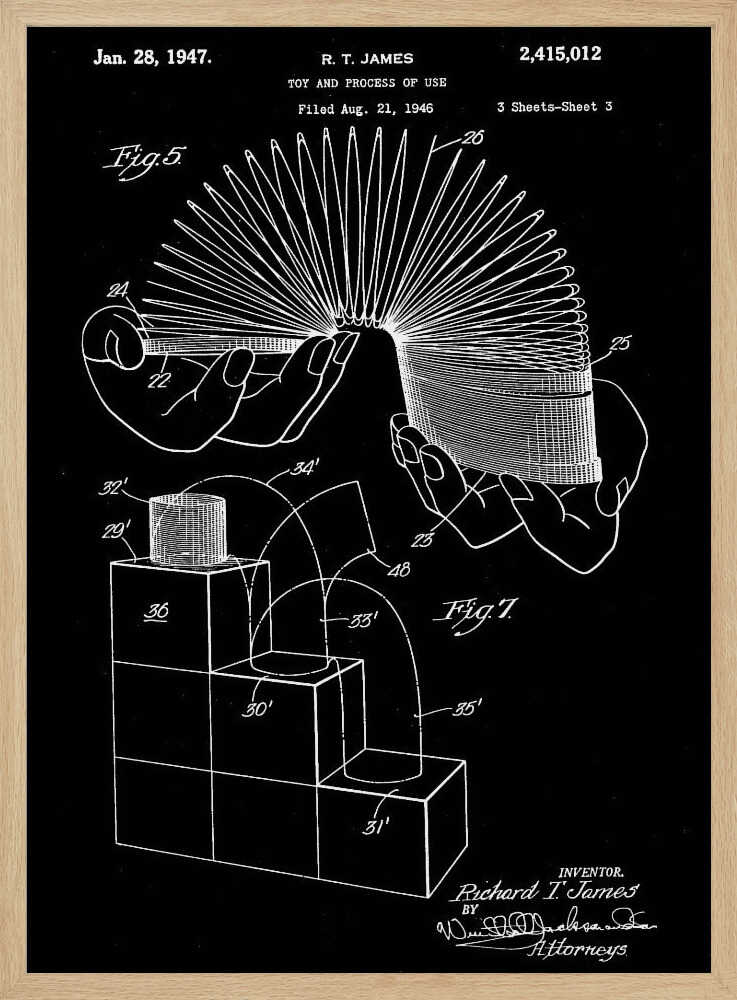A framed black and white patent illustration for the Slinky toy, invented by R. T. James, dated January 28, 1947. The technical drawing shows hands holding the stretched coil and a diagram of the toy walking down stairs. Decor