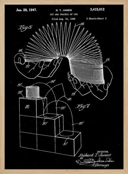 A framed black and white patent illustration for the Slinky toy, invented by R. T. James, dated January 28, 1947. The technical drawing shows hands holding the stretched coil and a diagram of the toy walking down stairs. Decor